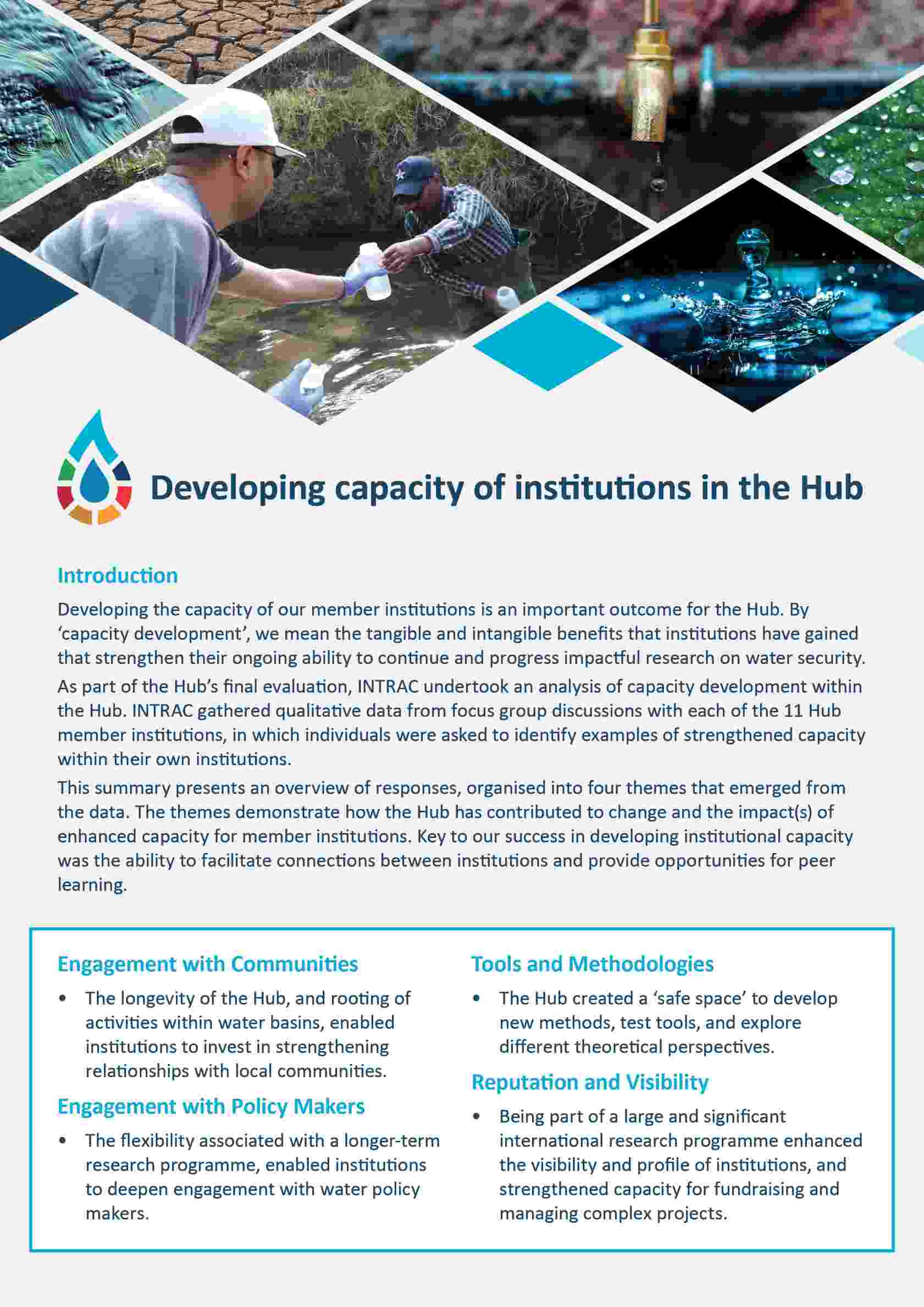 Image of document front cover with text 'Developing capacity of institutions in the Hub'